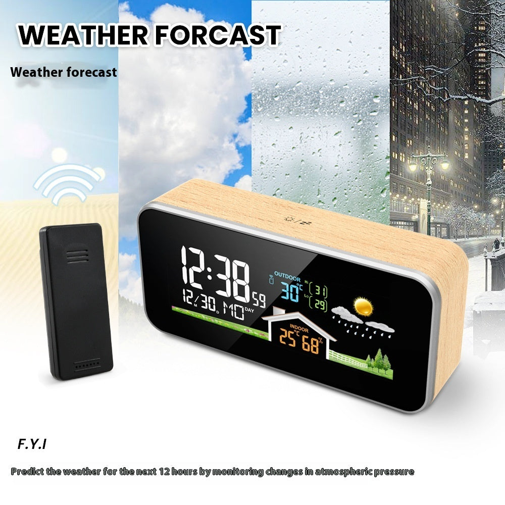 Indoor And Outdoor Temperature Hygrometer Solid Wood Weather Station Alarm Clock