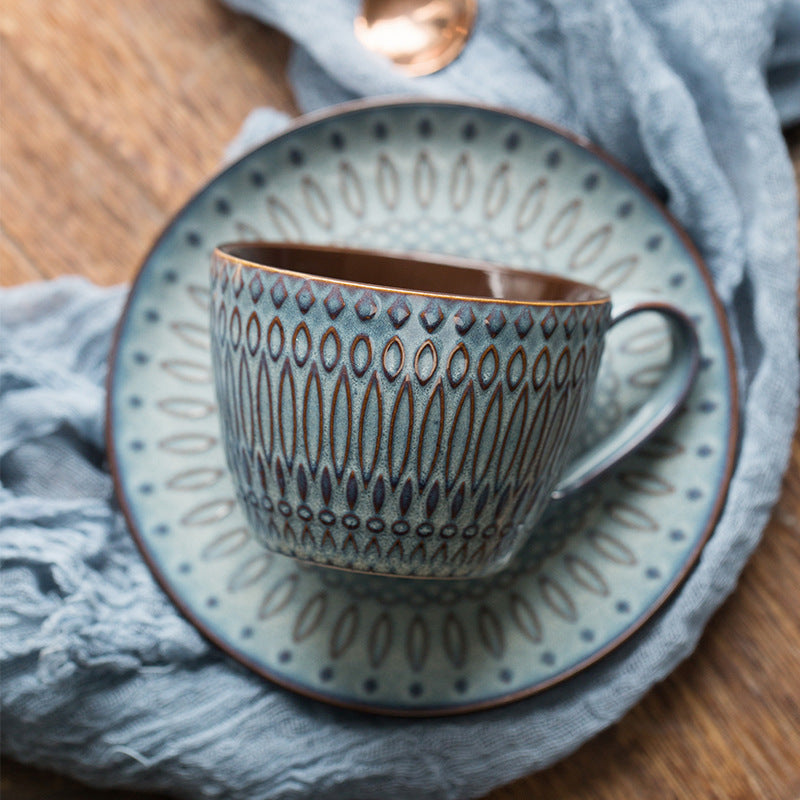 Mug Ceramic Embossed Coffee Cup And Saucer Vintage Latte Garland