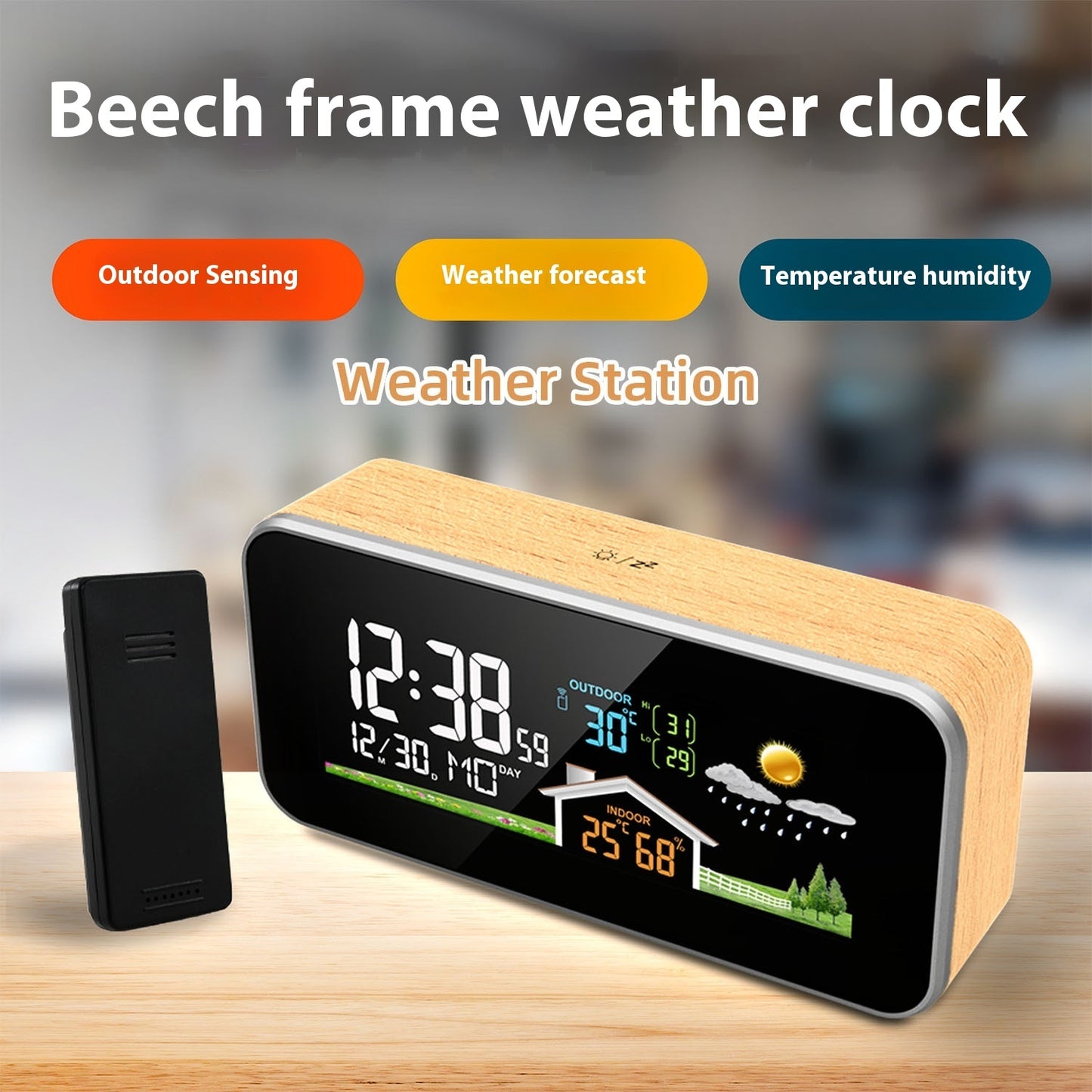 Indoor And Outdoor Temperature Hygrometer Solid Wood Weather Station Alarm Clock