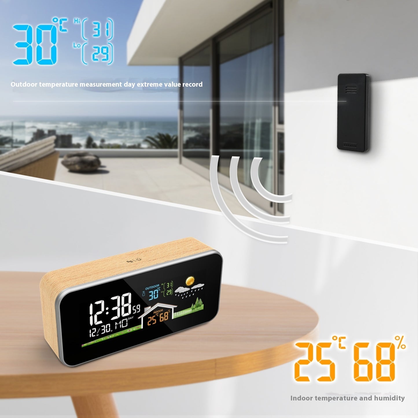 Indoor And Outdoor Temperature Hygrometer Solid Wood Weather Station Alarm Clock