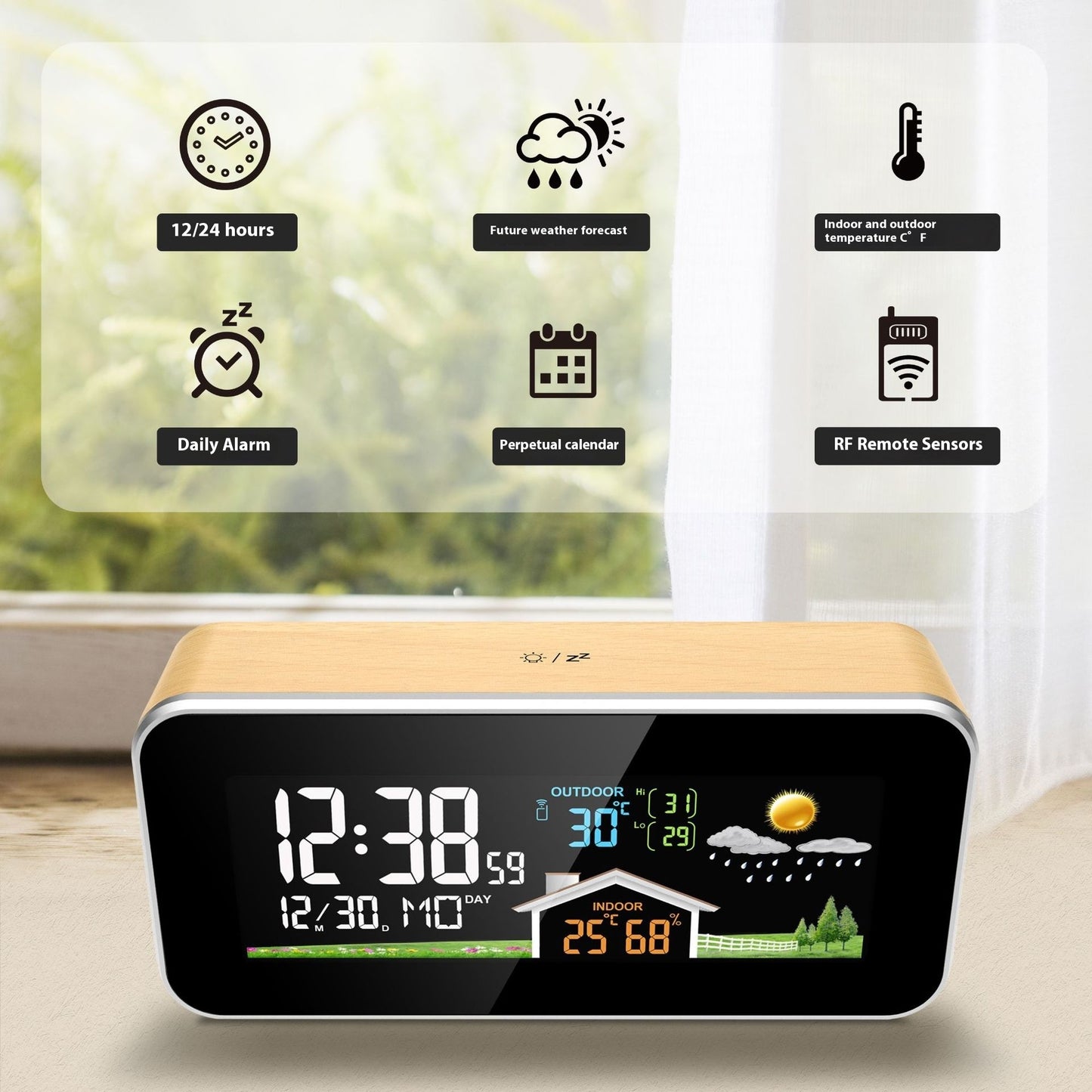 Indoor And Outdoor Temperature Hygrometer Solid Wood Weather Station Alarm Clock